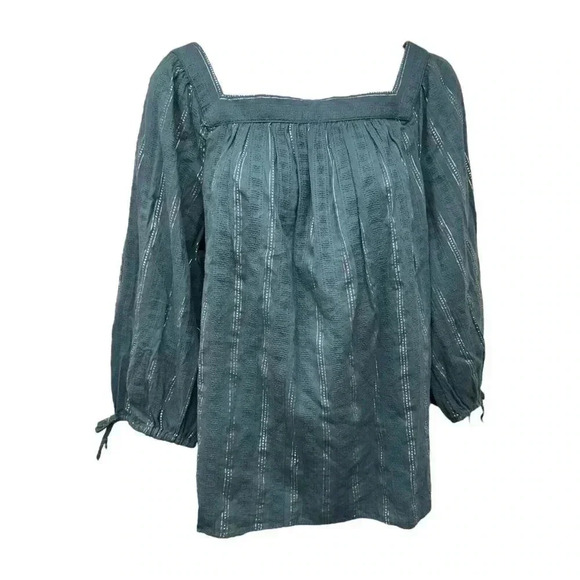 LC Lauren Conrad 3/4 Sleeve Square Neck Top Med Blue Stripe Lace Trim Pullover - Picture 1 of 8
